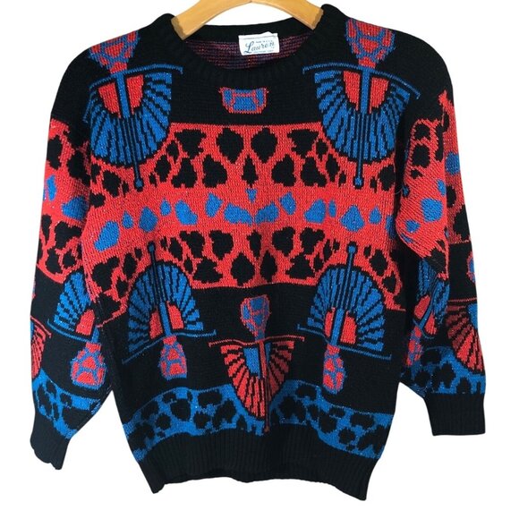 Lauren Knitwear Corp Sweaters - Vintage Lauren Knitwear Sweater Womens M 80s Red Blue Geometric Egyptian USA Shi